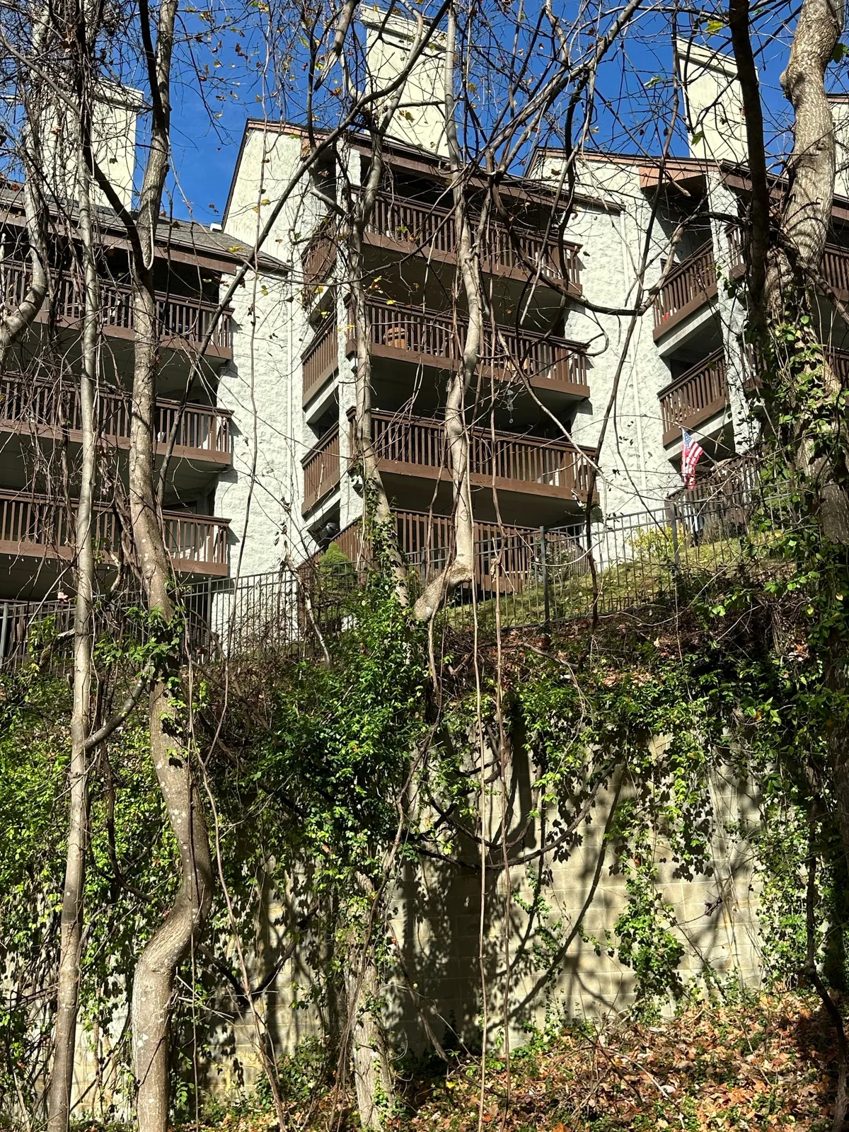 The multi-story condo building with balconies nestled among trees, showcasing the serene natural setting. Multiple balconies are visible, suggesting privacy and the opportunity for wildlife viewing and enjoying panoramic mountain views from an upper-floor vantage point.